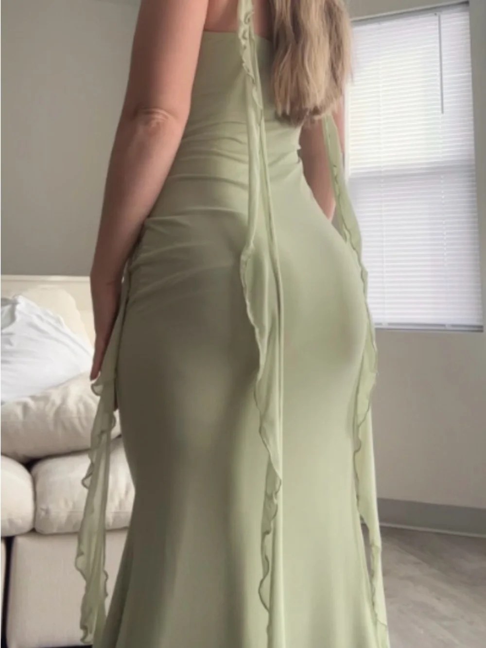 Elegant Sage Green Mesh Ruffle Hem Maxi Evening Dress - Picture 2 of 3